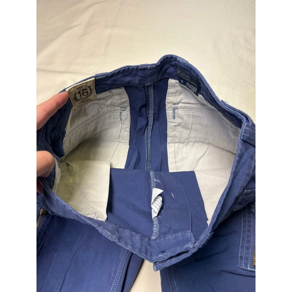 VTG Y2K Polo Ralph Lauren Blue Cargo Pants Wide Leg Zipper Pockets Boys 16 28X29